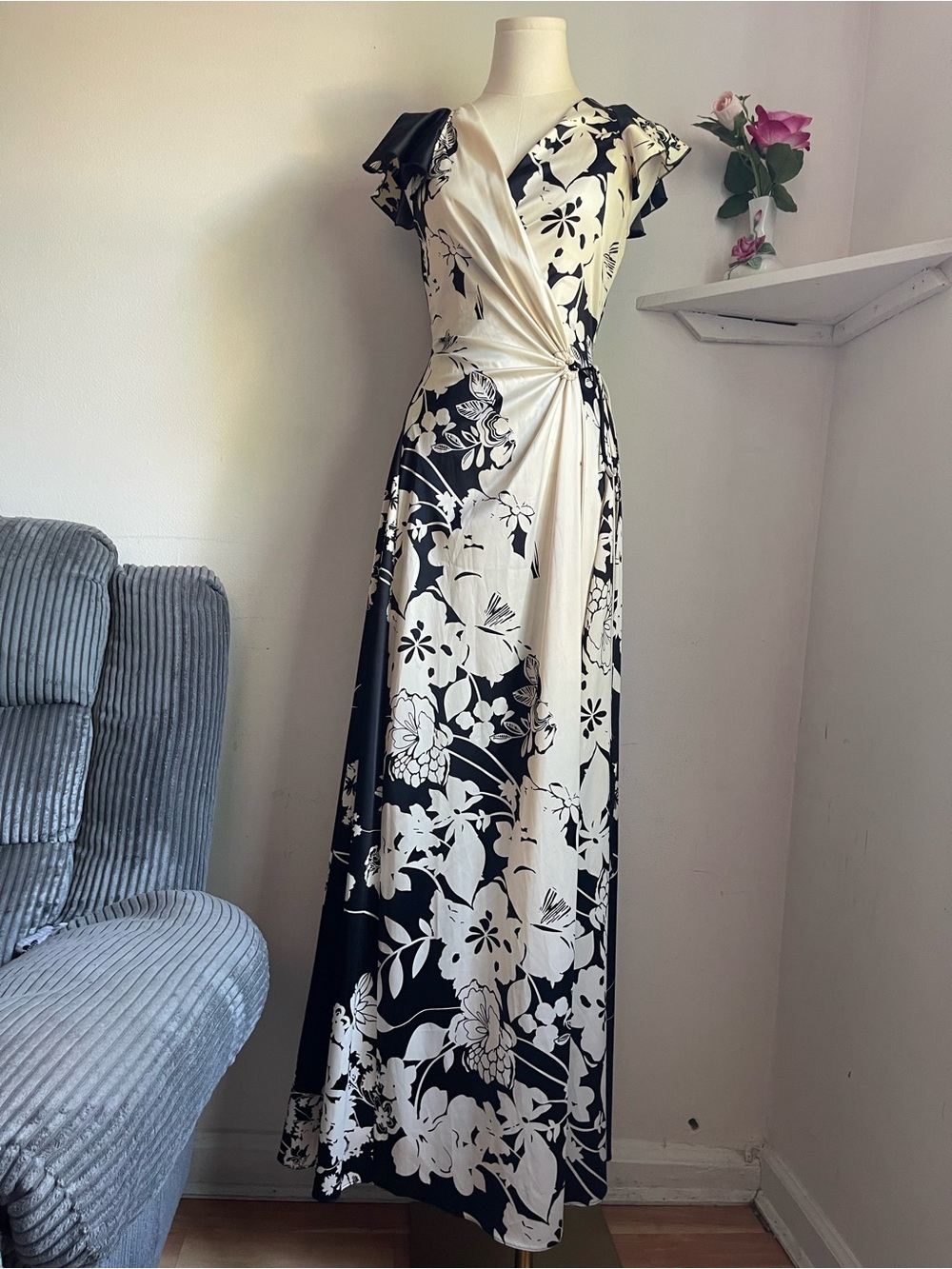 Floral Wrap Maxi Dress in Black and Cream